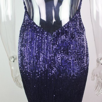 Open Back Navy Blue Sequined Maxi Dress Lining Strapless Deep V Neck Sleeveless Floor Length Mermaid Party Dress